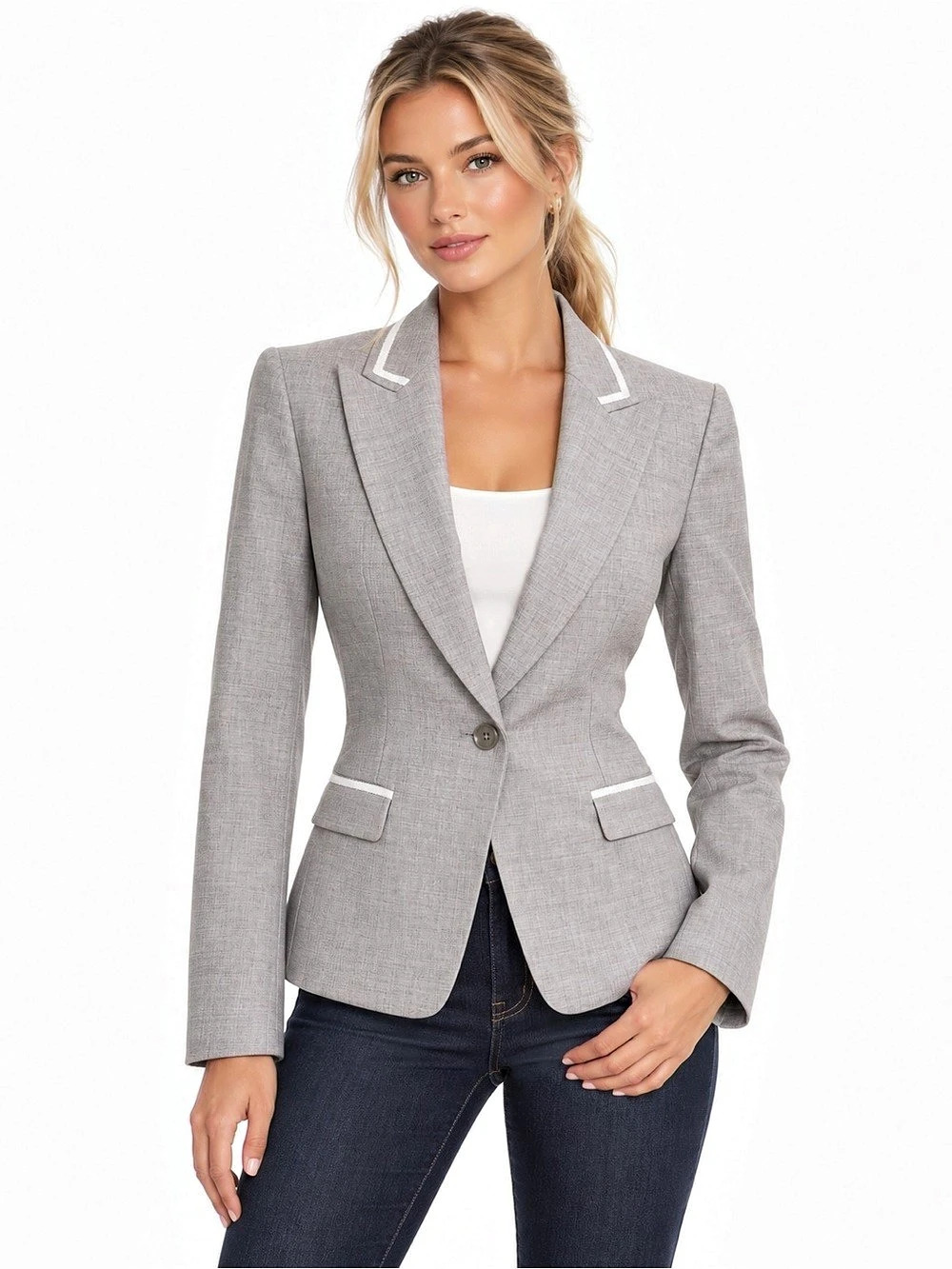 Elie Tahari Gray Wool Blend White Trim Blazer + Free Matching Pants (full suit)